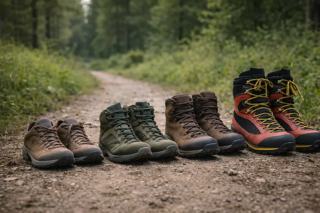 4 par vandrestøvler på række, fra let til ekspedition